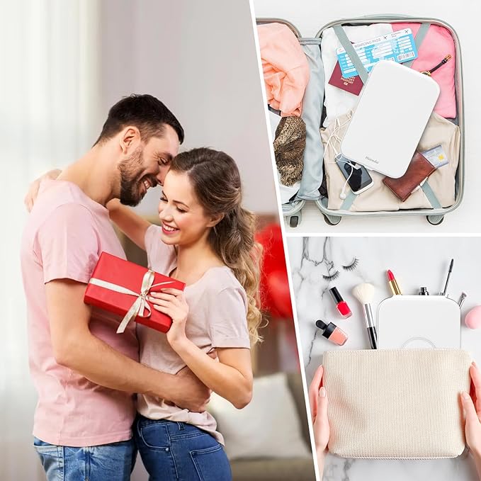 Mocado Travel Makeup Mirro with Lights, 360° Rotation Lighted Makeup Mirror, Portable Mirror with 10x Magnification, 60LEDs 3 Color Lightings, Dimmable Touch Screen, Tabletop Light up Mirror(White)