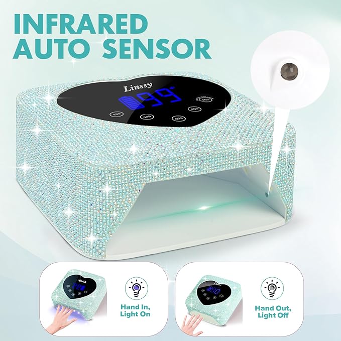 UV Light for Nails,Linssy 72W Cordless UV LED Nail Lamp Nail Dryer with Touch Display & 5 Timer Settings, Rechargeable Nail Light with Diamond & Pearl for Fast Curing (Blue)