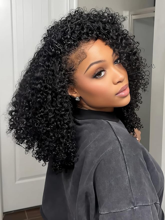 ISEE Glueless Wigs Human Hair Headband Wig Upgrade 3 IN 1 Half Wig With Drawstring Seamless Clip Ins Flip Over Kinky Curly Human Hair No Glue No Lace Wig For Women 180% Density 18 Inch
