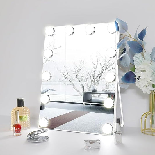 10" x 12" Vanity Mirror with Lights,Portable Travel Mirror with 12 LED Lights Bulbs,Lighted Makeup Mirror with 3 Color Lighting Modes,Mirror with Lights for Makeup Desk & Dressing Room,White