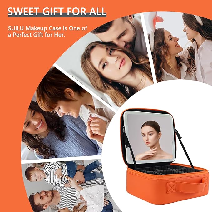 Travel Makeup Bag with LED Lighted Mirror,Travel Makeup Organizer, Makeup Bag with 3 Color Lighted Setting, Portable Storage and Adjustable Dividers Makeup Box(Orange)