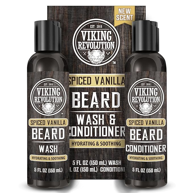Viking Revolution Beard Wash and Beard Conditioner for Men with Argan Oil and Jojoba Oil - Beard Softener and Strengthener Beard Care Beard Shampoo and Conditioner with Beard Oil (5oz, Spiced Vanilla)