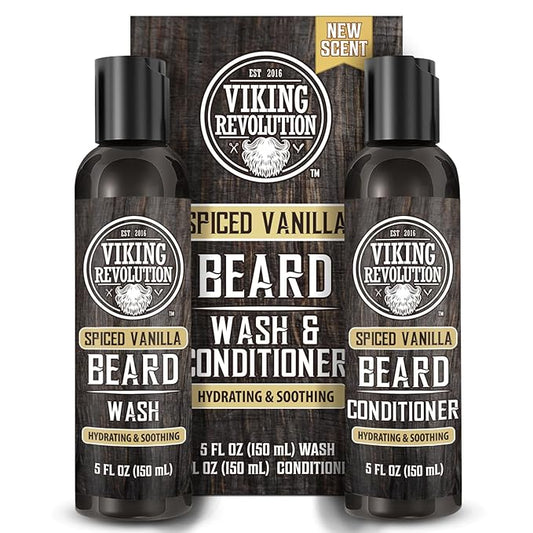 Viking Revolution Beard Wash and Beard Conditioner for Men with Argan Oil and Jojoba Oil - Beard Softener and Strengthener Beard Care Beard Shampoo and Conditioner with Beard Oil (5oz, Spiced Vanilla)