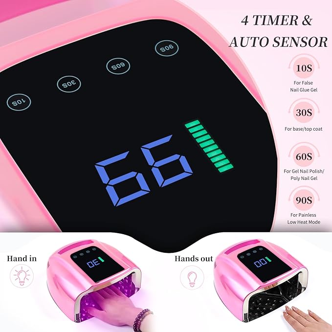 96W Rechargeable UV LED Nail Lamp, Portable Cordless UV Light for Nails with LCD Display Auto Sensor, 4 Timer Setting and Smart Sensor Nail Dryer,Nail Cure Light with Removable Bottom(Pink)