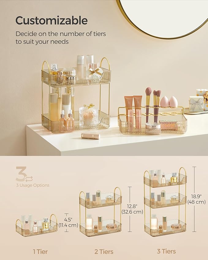 SONGMICS Makeup Organizer, 3-Tier Skincare Organizer Countertop, Customizable, 2 Types of Accessories, Jewelry Holder, for Vanity, Bedroom, Bathroom, Champagne Gold UJKA013A01