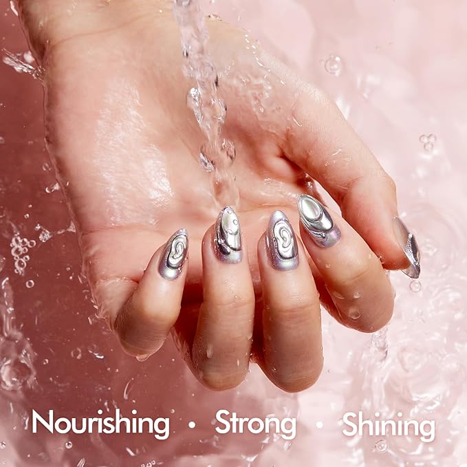 VSALON Short Almond Press-On Nails - Silver Cat Eye Chrome 3D Design, Reusable Fake Nails with Nail Glue, Protector Cuticle Oil, Adhesive Tabs & Mini Nail File - 32 PCS in 16 Sizes (Seagull Dance)