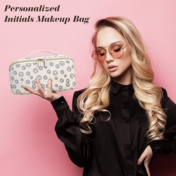 Gifts for Girls, Travel Makeup Bag Christmas Gift Make up Bag Cosmetic Bags for Women, Stuff Bag Cute Quilted Makeup Bag Birthday Gifts for Women/Friend/Mother - Smile