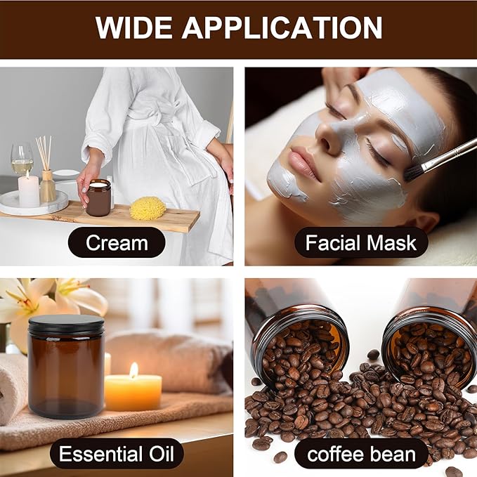 12 Pack Amber Glass Jars, 8 Oz Thick Amber Round Glass Jars, with Black Metal Lids, for Spice, Liquid, Sample, Leakproof and Dishwasher Safe