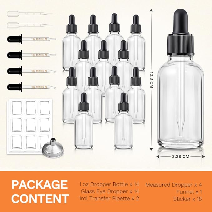 14 Pack, 1 oz Tincture Bottles with Dropper, Clear Glass Dropper Bottle with Stainless Steel Funnel, Pipettes & Labels, 30 ml Eye Dropper Bottles leakrproof For Essential Oils Serums Hair Body Oils