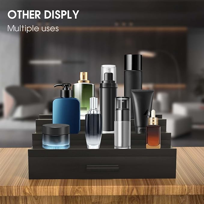 Sephyroth Cologne Organizer for Men 3 Tier of Elevated Cologne Display Shelf with Drawer Storage Perfume Organization and Storage Display Risers,Great Gift for Man(Black)