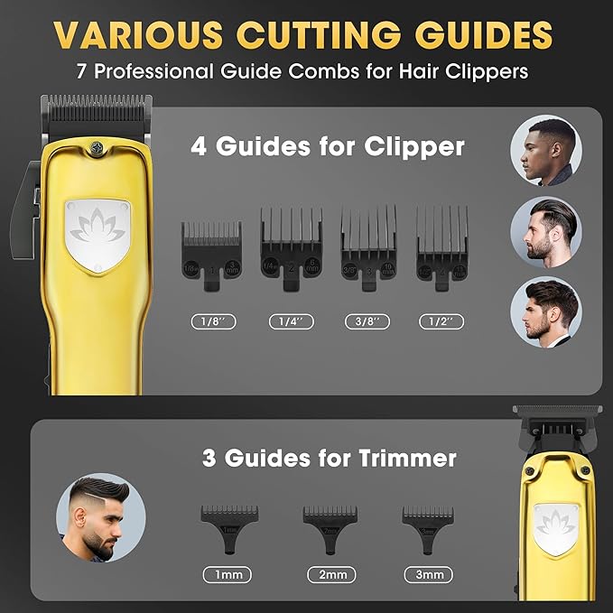 4-in-1 Hair Clippers for Men, Professional Cordless Barber Hair Cutting Kit, T-Blade Trimmer, Electric Foil Shaver, Nose Hair Trimmer, LCD Display, Grooming Gift Set (Gold)