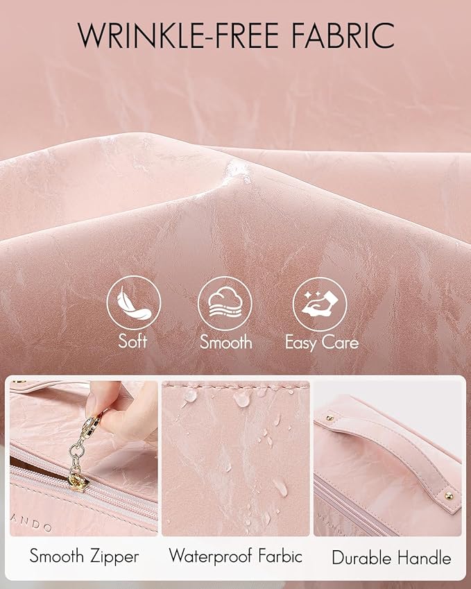 Vlando Makeup Bag,Travel Makeup Bag Waterproof Portable Cosmetic Bag PU Leather Open Flat Make up Organizer for Toiletries,Christmas Gifts Birthday Gifts for Women Girls Travelers(Sand Pink)