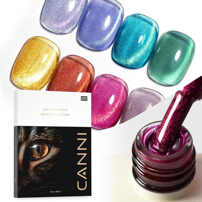 CANNI 8 Pcs 9 ML Cat Eye Gel Nail Polish Set, Red Pink Blue Green Yellow Glitter Rainbow Holographic Cat Eye Gel Polish Kit with Magnet Shimmer Colors Nail Art Manicure Salon DIY Gifts