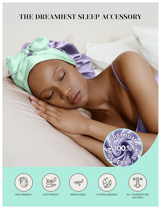 100% Mulberry Silk Bonnet for Sleeping Women with Curly Hair – Alternative to Double Layer Satin Bonnet with Tie Band Premium Silk Hair Wrap for Sleep with Wonder Loop