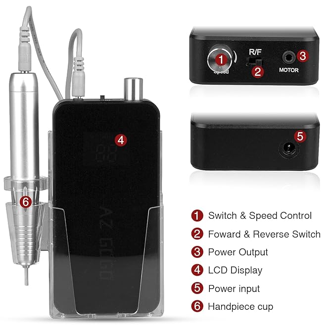 AZ GOGO Nail Drill Machine, 35000RPM Rechargeable Professional Portable Nail Drills for Acrylic Gel Nails - Low Noise & Low Vibration Coreless Motor E-File (Black)