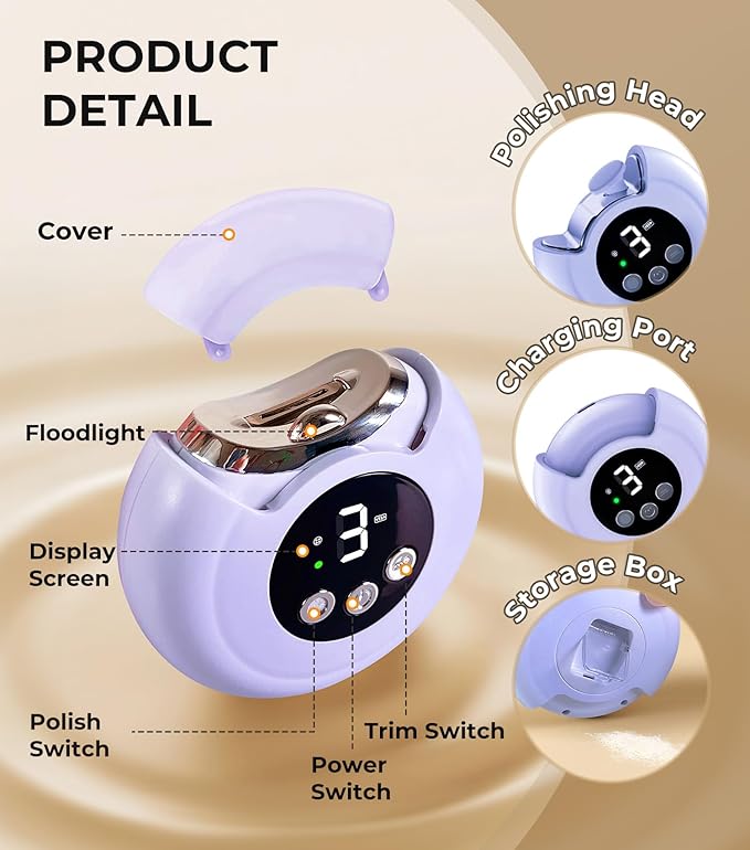 2025 New 3-in-1 Electric Nail Clippers,360° Rotation, 3-Speeds, Polishing Automatic Nail Trimmer with Nail Chip Storage & LED Light, Rechargeable Safety Trimmer for Women, Men, Baby, Seniors-Purple