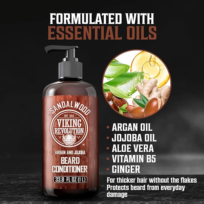 Viking Revolution Sandalwood Beard Conditioner for Men with Argan Oil and Jojoba Oil - Beard Softener and Strengthener Natural Beard Conditioner - Beard Care Moisturizer with Aloe Vera (33.8 Fl oz)
