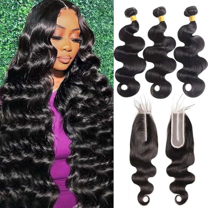 Human Hair Bundles With 2X6 Hd Lace Closure(16 18 20+14Inch) Brazilian 3 Bundles Human Hair With Closure 12A Quick Wave Body Wave