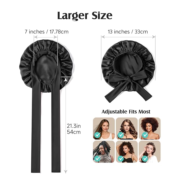 YFONG 100% 22 Momme Mulberry Silk Bonnet for Sleeping Women, Larger Double Layer Silk Hair Wrap for Curly Short Long Hair, Non-Slip Sleep Cap Turban with Elastic Tie Band for Hair Care, Black
