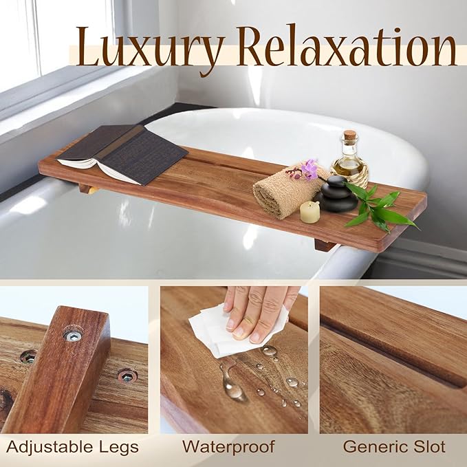 Premium Acacia Wood Bathtub Tray Caddy with Adjustable Legs, Minimalistic Design Bath Tray for Tub, Bathtub Accessories, Fit Standard and Against Wall Bath Tubs, Gift Idea for Women