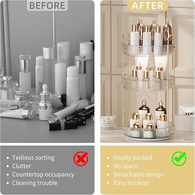 360° Rotating Makeup Organizer for Vanity - 3 Tier Perfume Organizer with Large Capacity - Skincare Organizer for Bathroom Counter - Space-Saving Cosmetic Storage for Dresser Countertop (Clear)