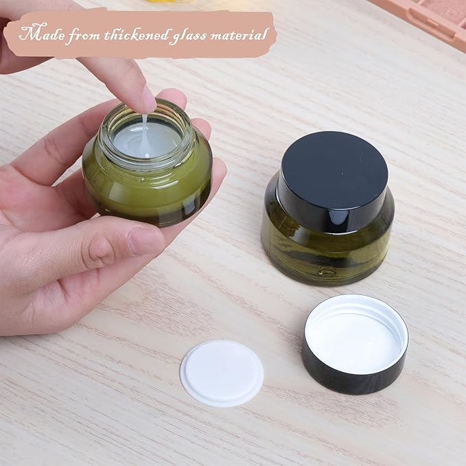 12 pack Glass Cosmetic Jars with Lids Small Lotion Containers for Traveling Green Empty Skincare Container for Face Cream Toiletries Makeup (1oz)