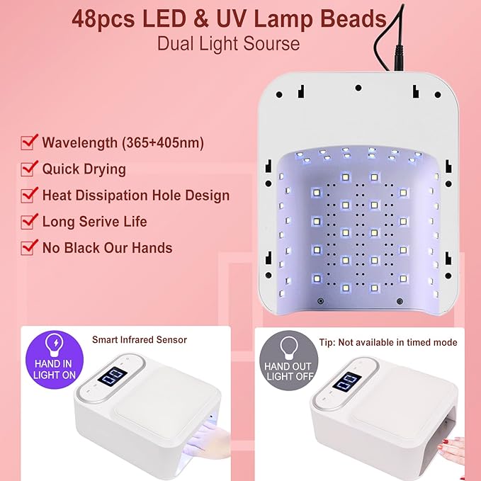 UV LED Nail Lamp with Arm Rest Pillow,Professional UV Nail Dryer Light for Gel Nails/Acrylics,Fast Curing Gel Polish Lamp 48 Beads 3 Timers Smart Sensor,Nail Art Drying Tools for Fingernail Toenail