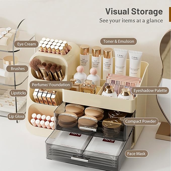 Aveniee Makeup Organizer with Drawers, Large Bathroom Countertop Storage for Vanity, Cosmetic & Skincare Display Case for Brushes, Perfumes, Lipsticks (Cream White)