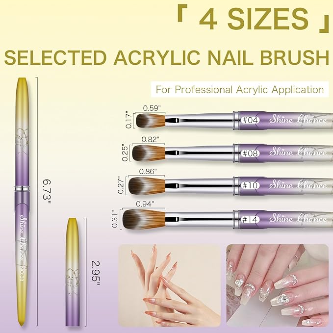 4Pcs Acrylic Nail Brushes Set, Kolinsky Acrylic Nail Art Brush, Art Design & Polish Mistake Cleaning Manicure Tools for Women Acrylic Application (Size 4 8 10 14)