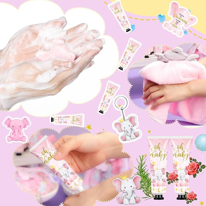 168 Pcs Pink Elephant Baby Shower Favors Baby Shower Gifts Bulk Hand Cream Towels Soaps Keychains Organza Bags Guest Appreciation Gift with Thank You Tags and Cards for Boys Girls Guest