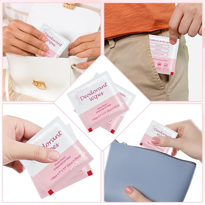 200 PCS Deodorant Wipes Individually Wrapped, Wet Wipes Bulk for Women Men, Travel Size Antiperspirant Wipe Hand Wipes, Remove Sweat Wipe for Travel, Daily Use, Rose Scented