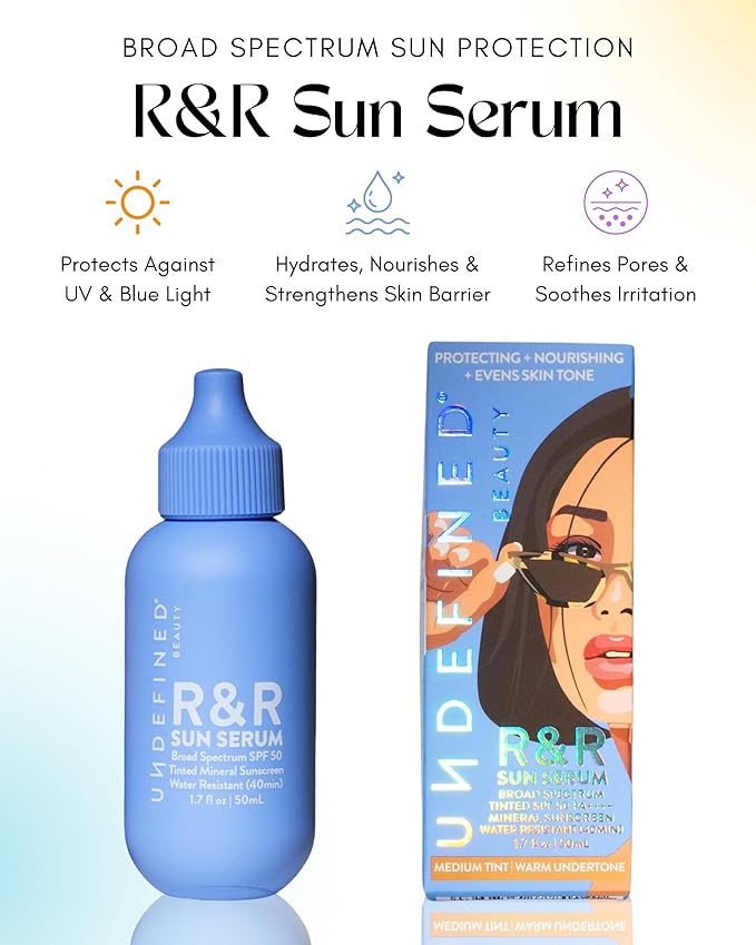 Undefined Beauty R&R Sun Serum SPF 50 Tinted Mineral Sunscreen PA++++ 3 Flex shades, infused with Niacinamide, 40 min Water Resistant, bluelight protection, 1.7oz… (Medium Tint/Warm Undertone)