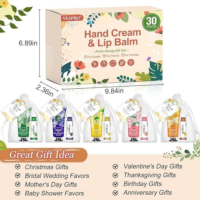 30 Sets Bulk Hand Lotion and Bulk Lip Balm Gifts, Mothers Day Gifts, Bridal Shower Favors and Wedding Favors for Guests with Thank You Card and Organza Bags, Teacher Gifts and Nurse Gifts for Women