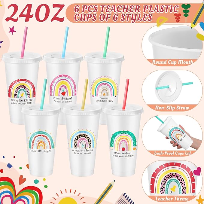 24 Pcs Teacher Appreciation Gift from Students 2025 Teachers' Day Thank You Gifts Bulk 24 oz Plastic Tumbler Cup Makeup Cosmetic Bag with Zipper Crew Sock Keychain for Retirement(Rainbow)