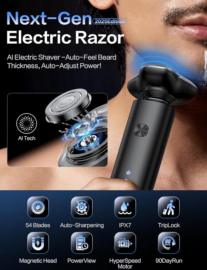 Electric Razor for Men,Men's Electric Shaver,3-Blade Rotary Shaving System,Waterproof Wet Dry Cordless Razor,Touch Switch,Type-C Fast Charging,Digital Display,Travel Lock,90+ Minutes Run Time