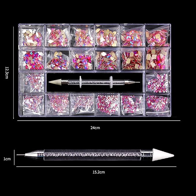 12 Types of Pink AB 600 Diamonds + 2500 Flat Rhinestones Mix 20 Styles Flatback DIY Crafts Rhinestone Crystals 3D Decorations Flat Back Stones Set + Rhinestone Picker Wax Pen