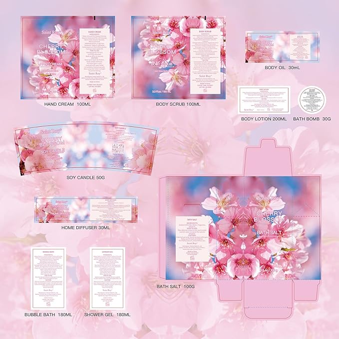 Spa Gifts for Women, Home Spa Gift Basket, Luxury 12 Pcs Gift Set for Women Enchanted Cherry Blossom Scent Bath & Body Gift Set, Pamper Gifts for girls & Teens Spa Kit Birthday Gift, Spa Gifts