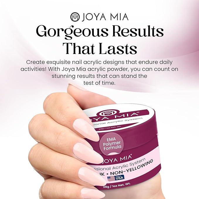 Joya Mia Acrylic Powder for Nails, MMA-Free, Super Adhesion Professional Powder for Flawless & Long-Lasting Nail Enhancements, Easy Application, Vibrant & Stunning Colors - Topaz Pink, 1 oz