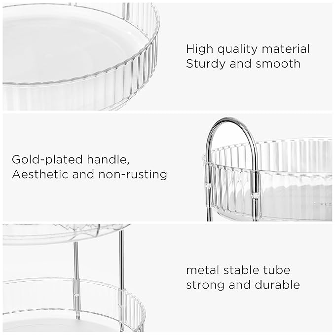 360 Rotating Makeup Organizer Countertop Clear 2 Tier Bathroom Organizer Spinning Perfume Organizers, Skincare Organizers Makeup Carousel with Silver Handle Cosmetic Brush Storage