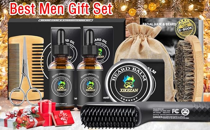 XIKEZAN Beard Kit for Men Grooming & Straightening Set,w/Beard Straightener,2 Pack Oil,Balm,Comb,Scissor,Brush,Fathers Birthday Valentines Gifts for Him Dad Men Boyfriend Christmas Stocking Stuffers