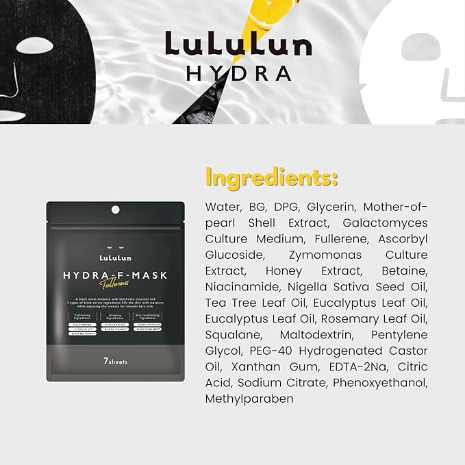 Lululun 21EA Black Facial Sheet Mask, Hydrating & Moisturizing Face Masks with Smoothing Organic Extracts, Japanese Daily Skincare for Dry Skin, Hydra F