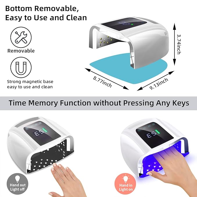 96W Rechargeable UV LED Nail lamp,Cordless Nail Dryer with Removable Stainless Steel Bottom,Professional Curing Lamp for Fingernail and Toenail, Auto Sensor & Quick Dry Nail Machine (White)