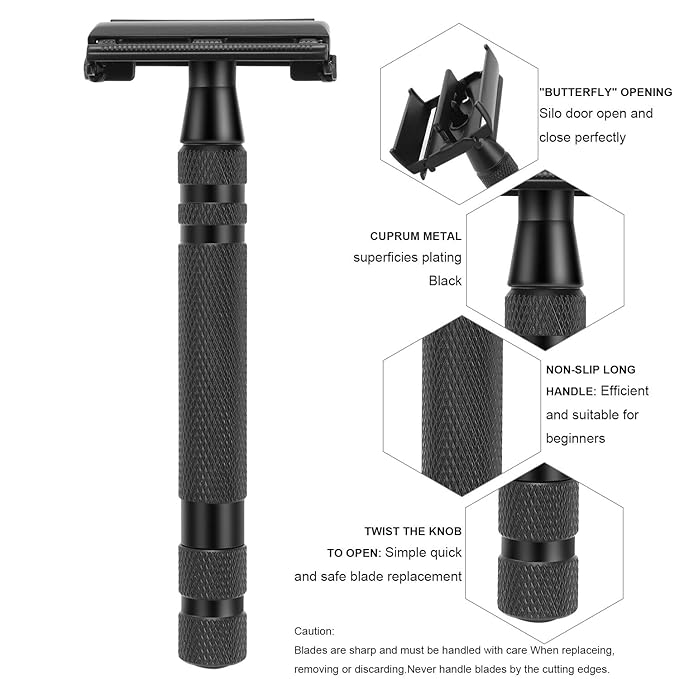 Amazing Safety Razor Shave Kit - Mysterious Black Men's Shaving & Grooming Sets - Butterfly Open Safety Razor,Friendly Brush,Great Shaving Stand,Shaving Soap Bowl, Super Stainless Blades