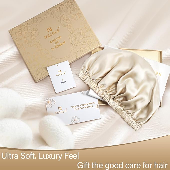 22 Momme 100% Mulberry Double Silk bonnet for sleeping women Double Layer lined Stay On Head for Hair Care with adjustable elastic Band Non-Slip Silk Turban Curly Hair silk hair cap Gold