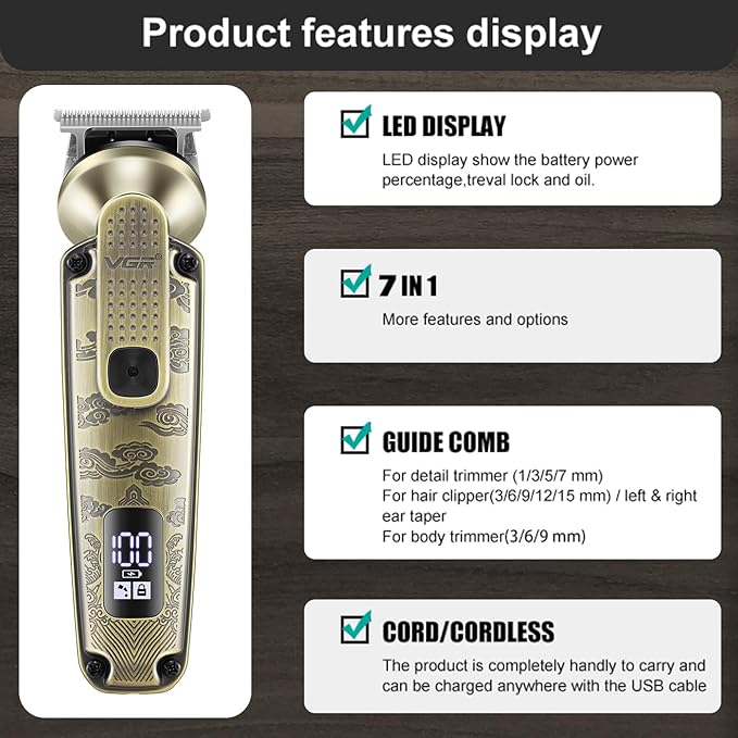 VGR 095 Beard Trimmer for Men, 7 in 1 Waterproof Cordless Hair Clippers and Trimmers Set, Electric Razor Shavers T-Blade Hair Trimmer Grooming Kit for Nose Body Ear Face Mustache, V-103