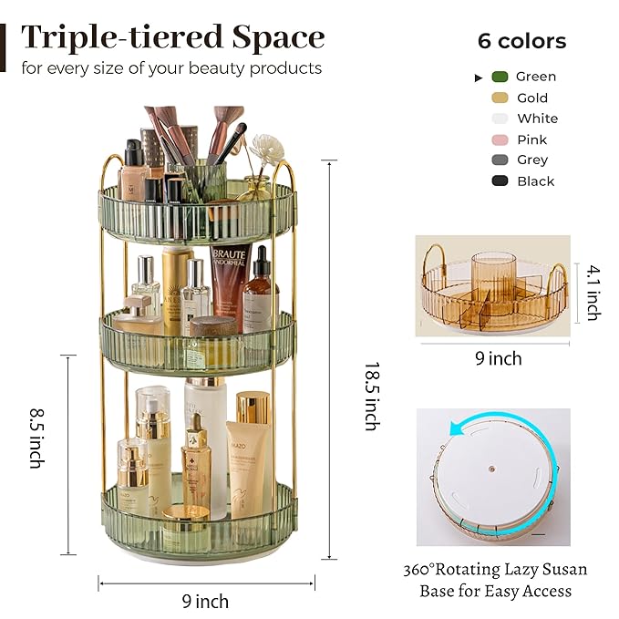 Aveniee 360 Rotating Makeup Organizer for Vanity, Perfume Storage with Brush Holder for Bathroom Countertop, 3 Tier Spinning Skincare Display Case for Lipstick Cosmetic Lotion (Green)