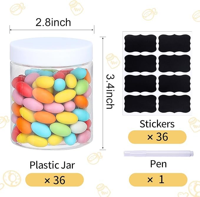 36PCS 8OZ Plastic Jars with Screw On Lids, Pen and Labels Refillable Empty Round Slime Cosmetics Containers for Storing Dry Food, Makeup, Slime, Honey Jam, Cream, Butter, Lotion (White)