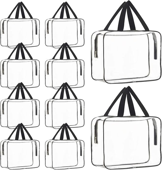 10 Pack Large Clear Cosmetic Bags With Handle - PVC Plastic Toiletry Pouches With Zipper, Tote Bags, Vinyl Bags for Women, Men, Beach, Traveling