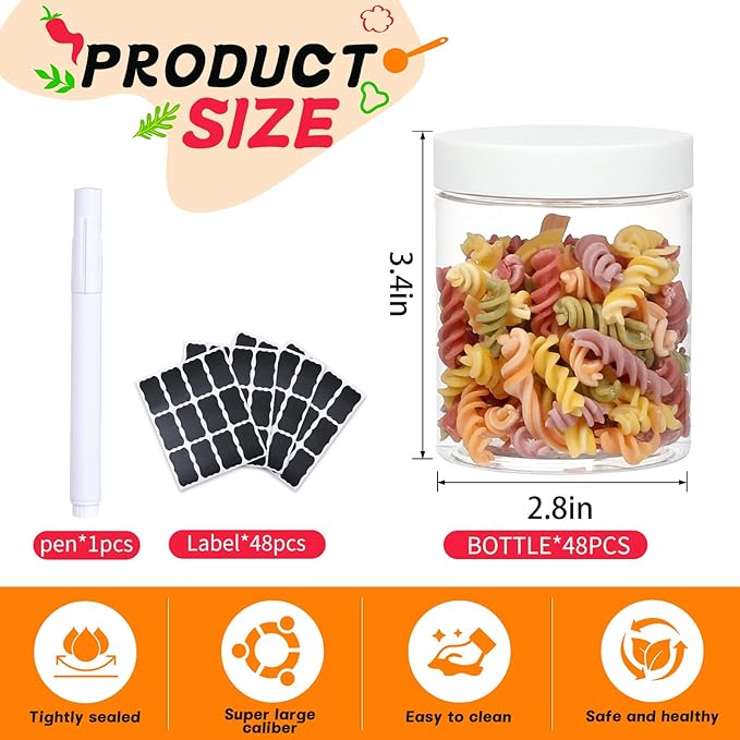 48pcs 8 oz Plastic Containers with Lids Pen Labels Leak Proof BPA Free Airtight Refillable Clear Small Containers Storage Jars for Storing Dry Food Makeup Slime Honey Jam,white