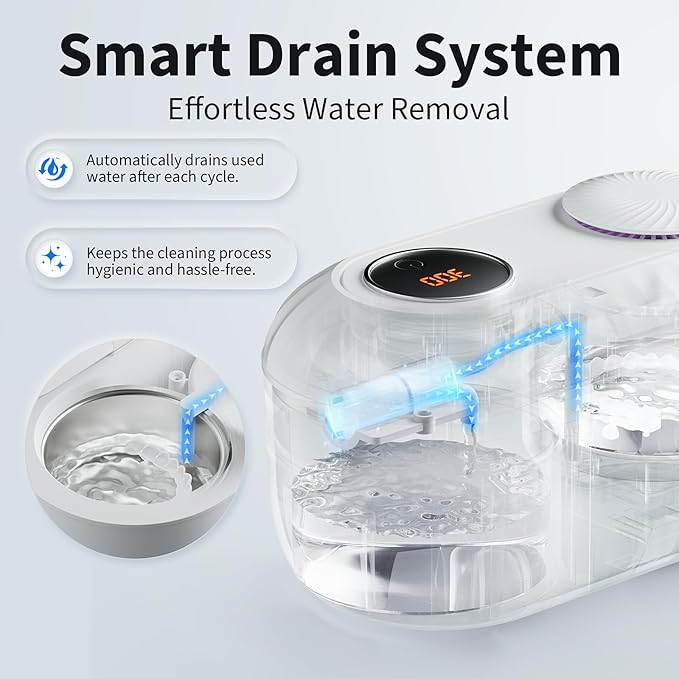 Ultrasonic Retainer Cleaner with Cleaning, Pumping, and Air-Drying Functions, 45kHz Retainer Cleaner Machine, 200ml Denture Cleaner for Dentures, Mouth Guards, Braces, Toothbrush Heads, Jewelry(White)
